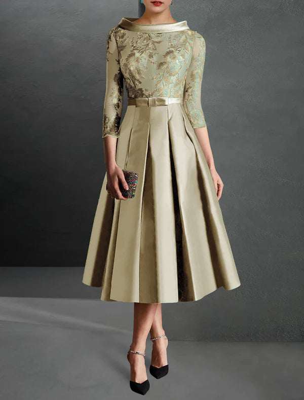 Luolandi A-Line Cocktail Dress Christmas Red Green Dresses Formal Kentucky Derby Tea Length 3/4 Length Sleeve Jewel Neck Fall Wedding Guest Satin with Pleats Mother of the Bride Dress